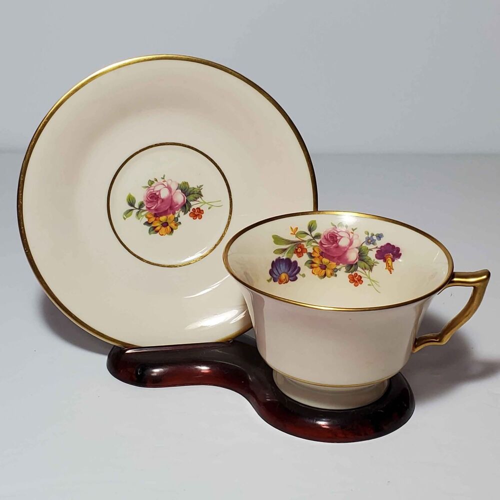 Syracuse China Teacup and Saucer Pink Blue Yellow Flowers Vintage